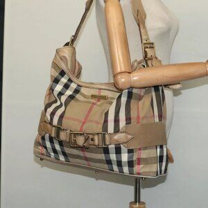 BURBERRY Nova Check Shoulder Bag Canvas Beige Gold Auth